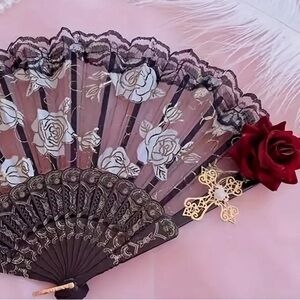 5/$25 Black lace folding hand fan with velvety faux rose